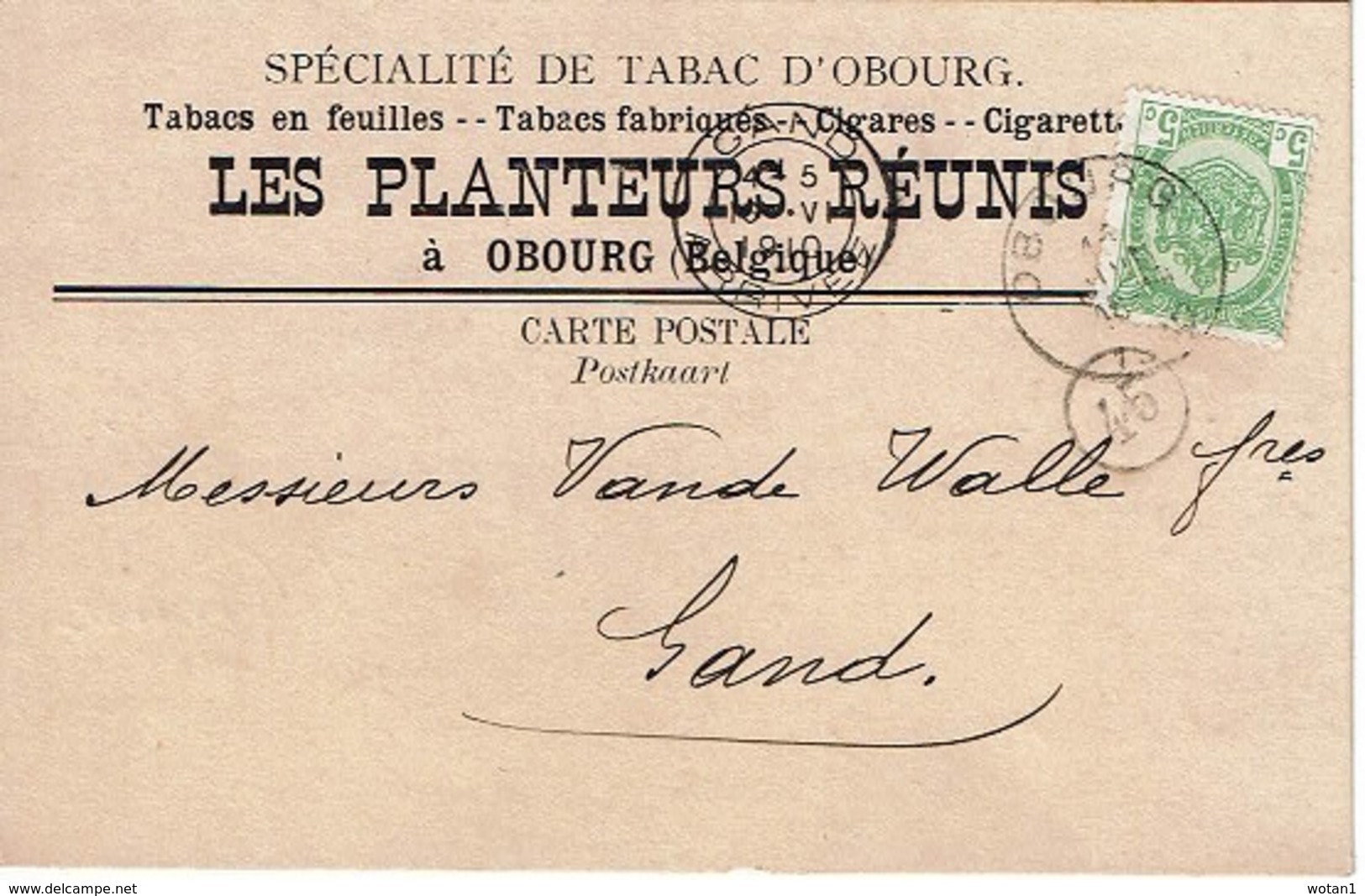 Carte Publicitaire "Les Planteurs Réunis à OBOURG - Spécialité De Tabac D'Obourg" Du 15 JUIN 1910 à GAND - Mons