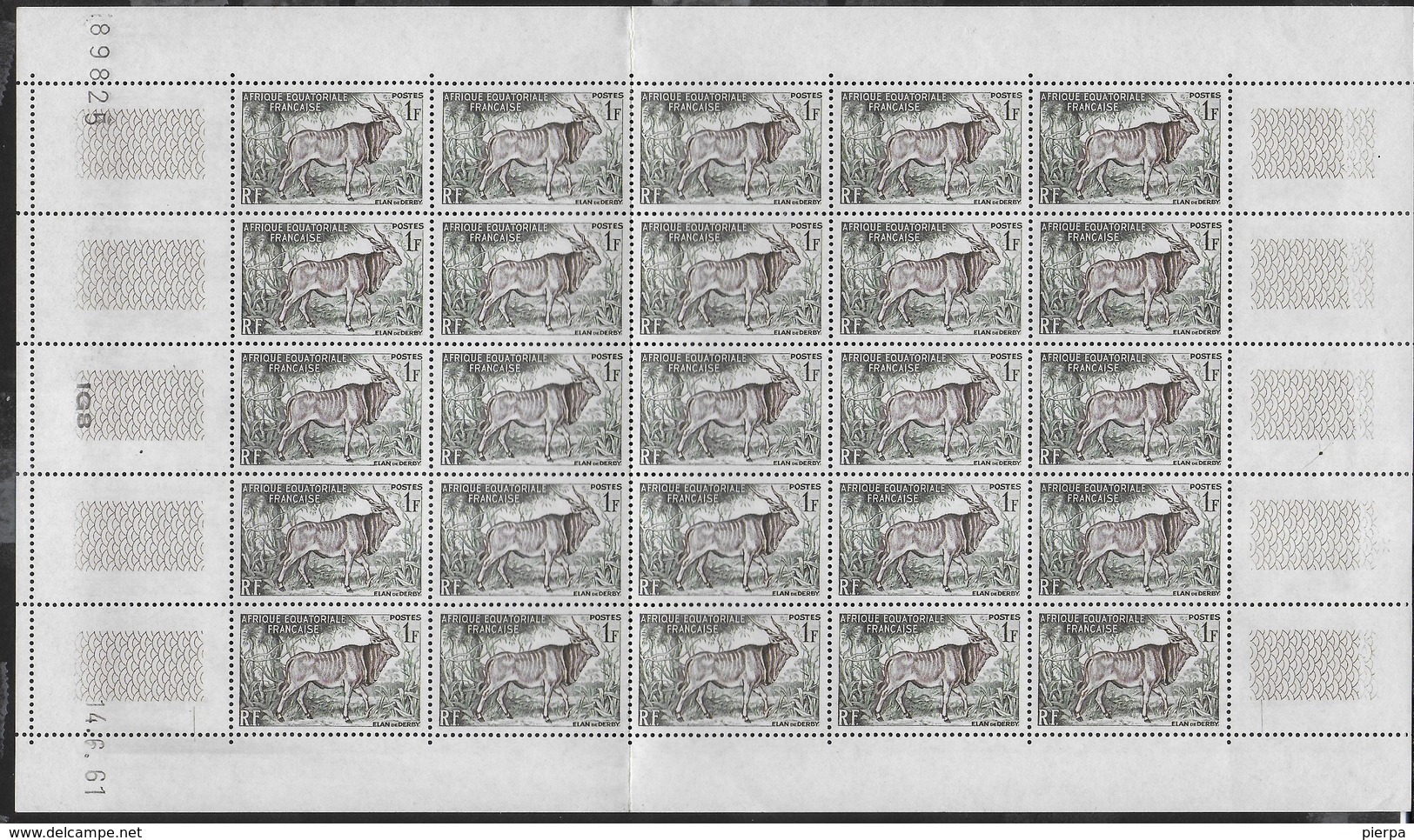 1957 - AFRICA EQUATORIALE FRANCESE - SERIE FAUNA FR. 1- ELAND DE DERBY - FOGLIO DI 25 VAL.  (YVERT 238 - MICHEL 305) - Nuovi