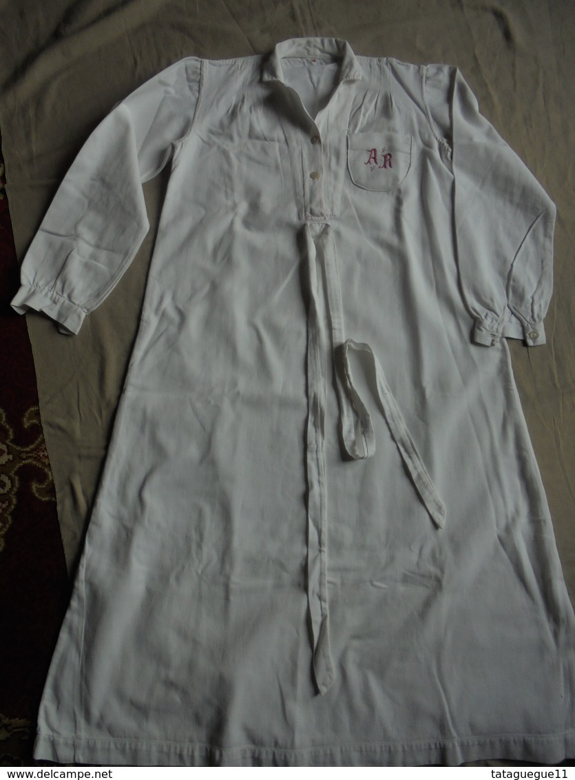 Ancienne Chemise De Nuit Enfant En Coton Blanc Monogramme AR - 1940-1970