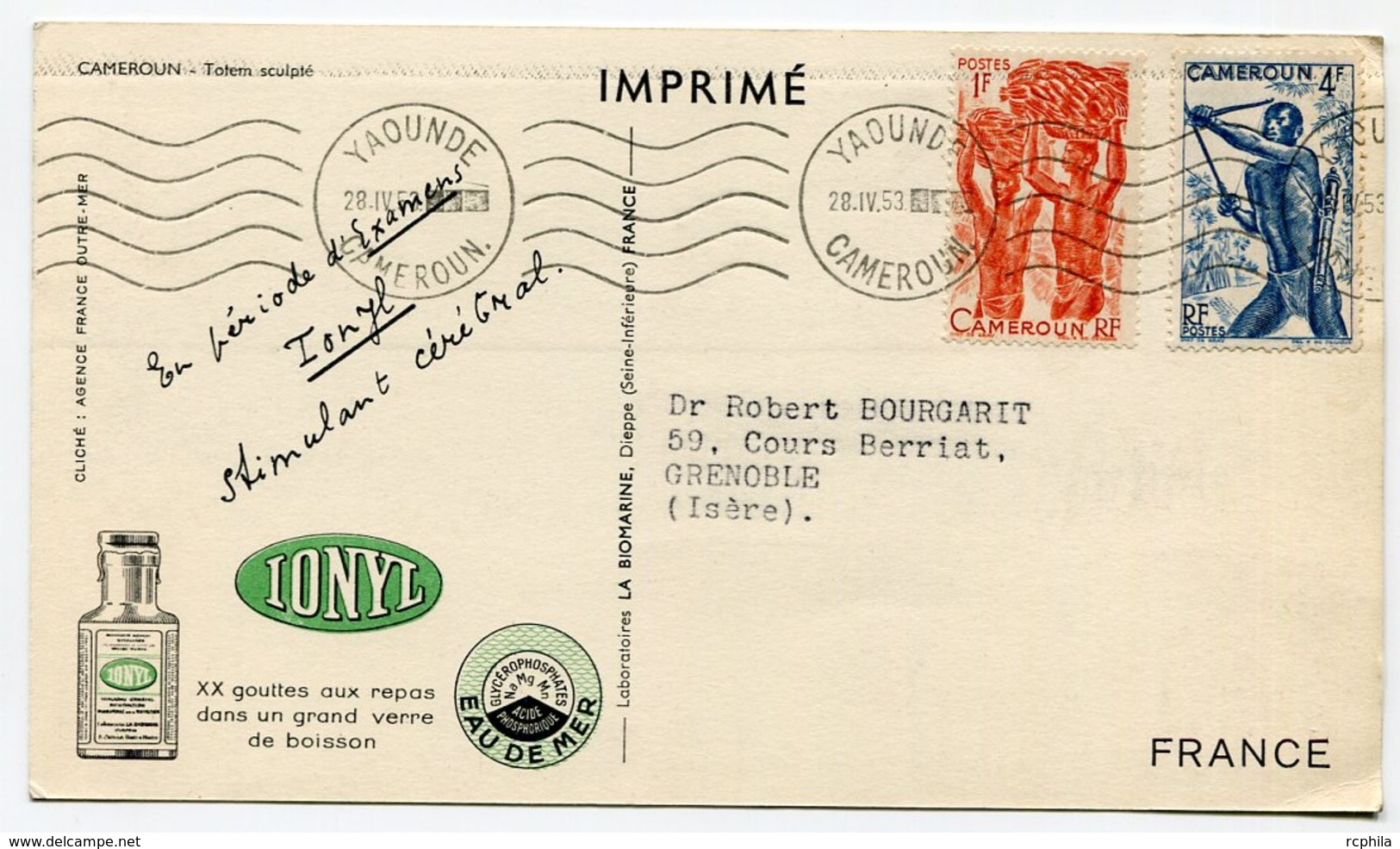 RC 12837 CAMEROUN 1953 CARTE IONYL PUBLICITÉ ADRESSÉE AUX MEDECINS - Covers & Documents