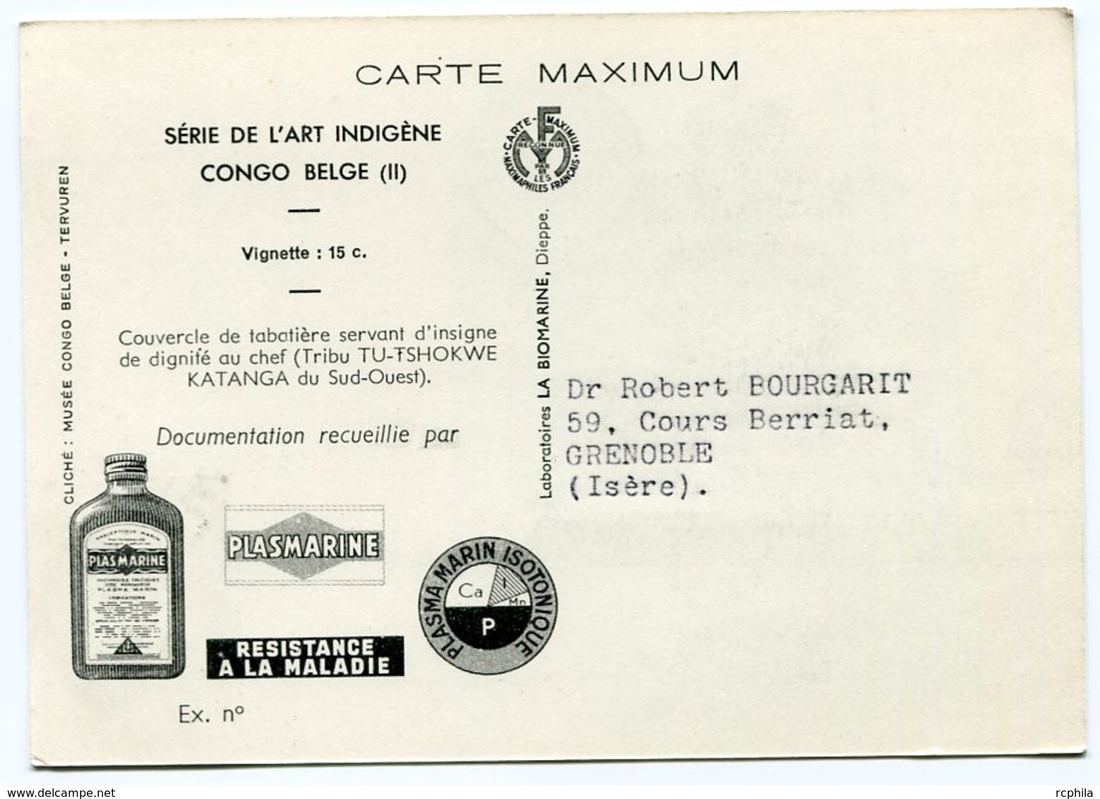 RC 12840 CONGO BELGE 1952 CARTE PLASMARINE PUBLICITÉ ADRESSÉE AUX MEDECINS - Covers & Documents