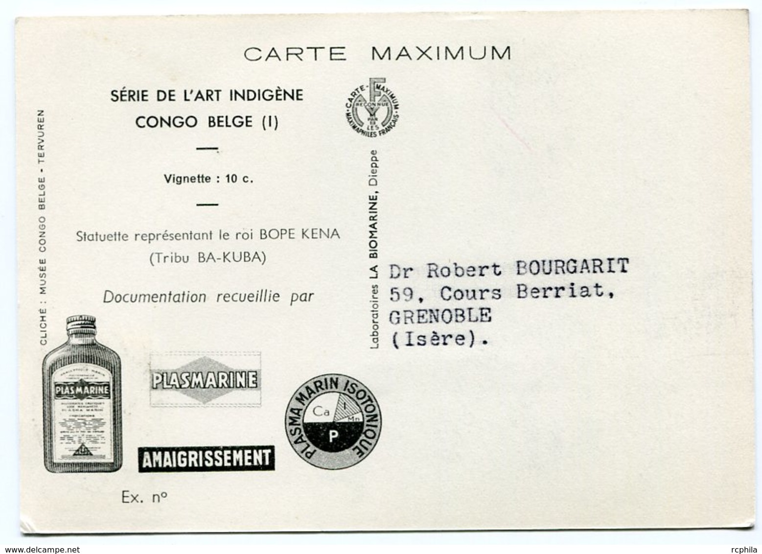 RC 12841 CONGO BELGE 1952 CARTE PLASMARINE PUBLICITÉ ADRESSÉE AUX MEDECINS - Lettres & Documents