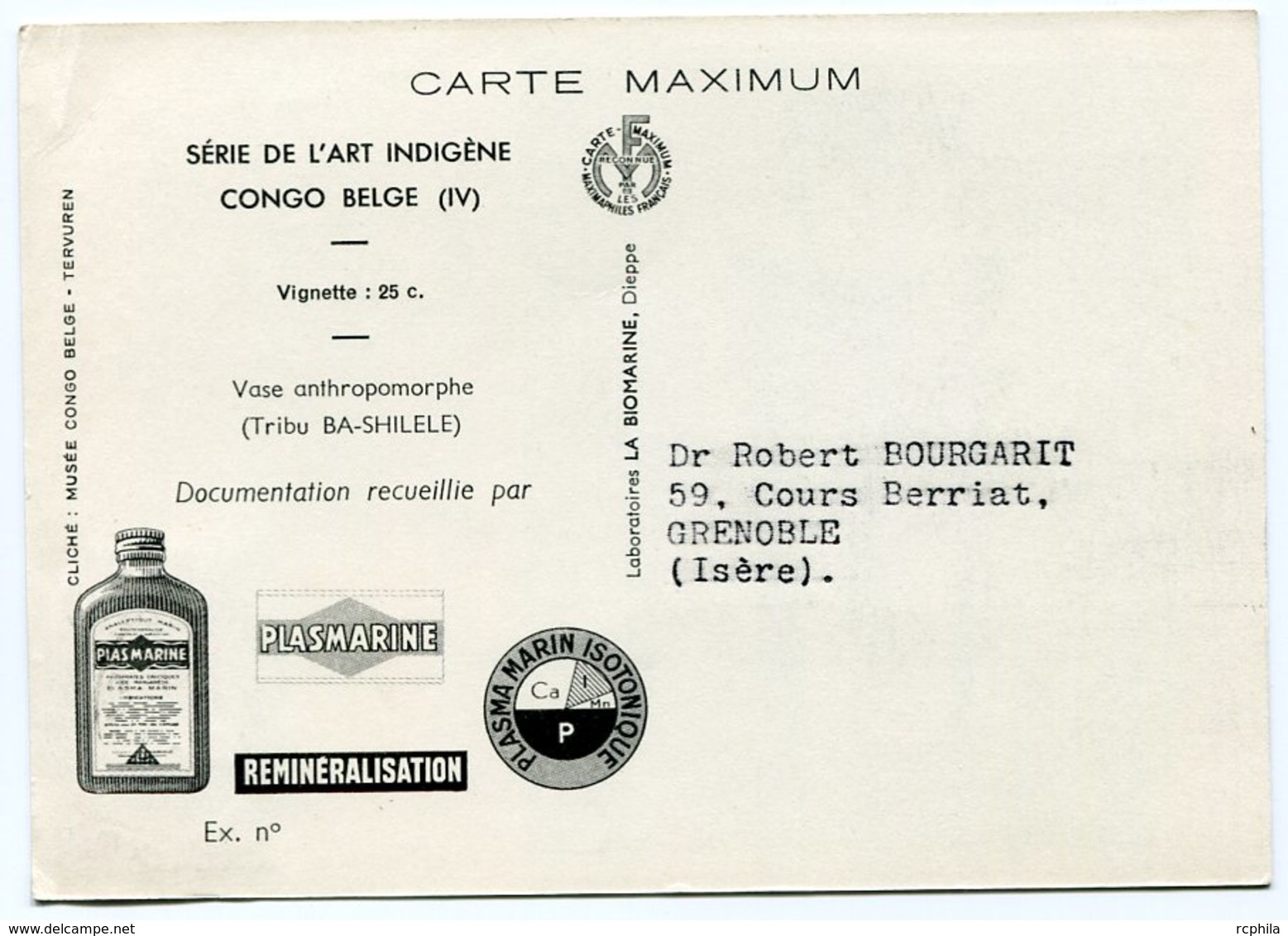 RC 12843 CONGO BELGE 1952 CARTE PLASMARINE PUBLICITÉ ADRESSÉE AUX MEDECINS - Brieven En Documenten