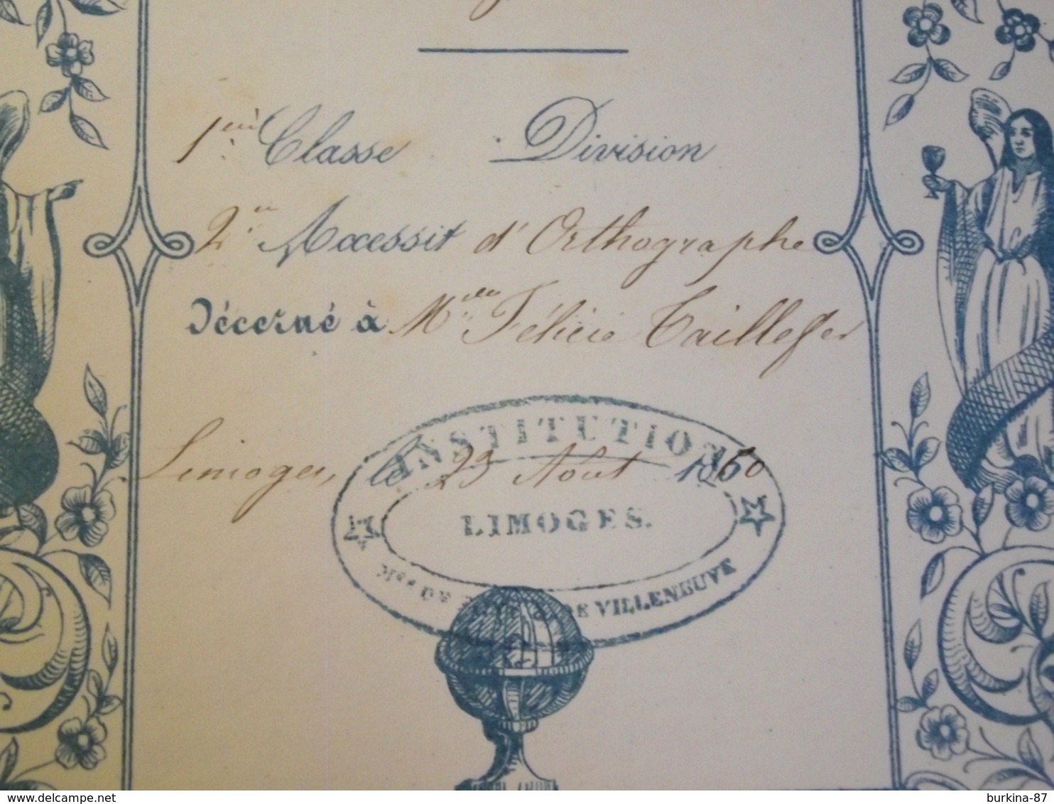 Limoges, Institution BONY Et VILLENEUVE, 1850 , 2eme Accessit D'orthographe - Diploma & School Reports