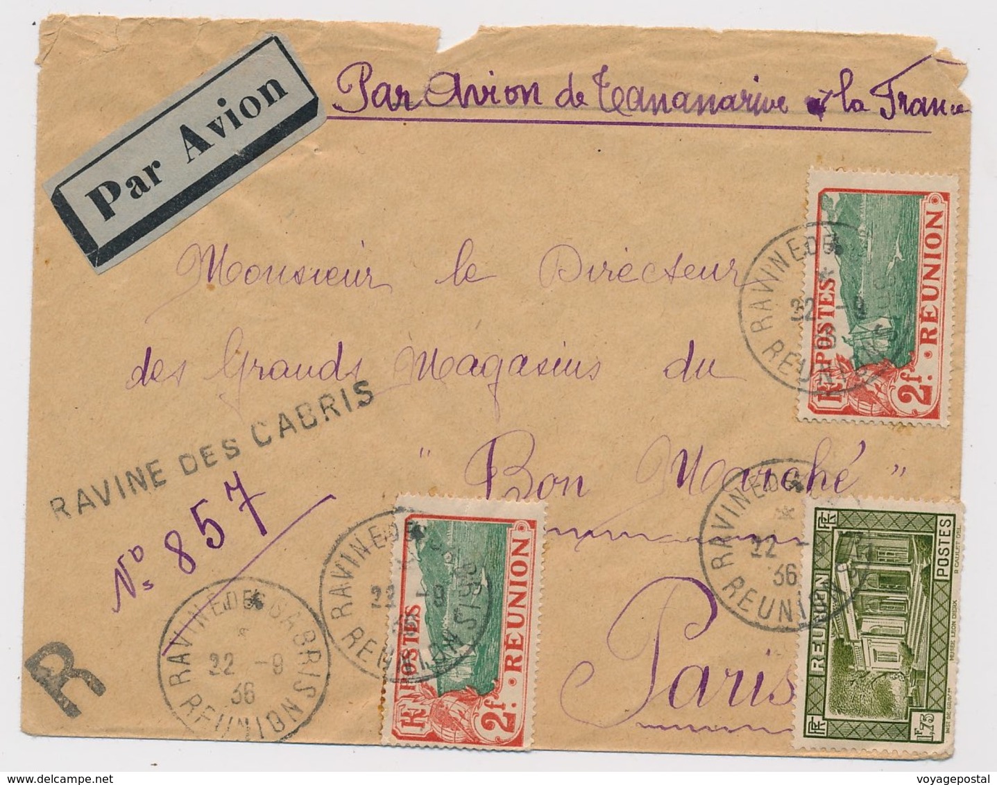 LETTRE AVION RECOMMANDÉ GRIFFE RAVINE DES CABRIS RÉUNION 1936 - Cartas & Documentos