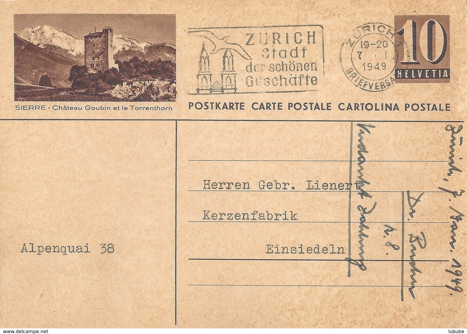 PK 163  "Sierre - Châteu Gobin Et Le Torrenthorn"             1949 - Stamped Stationery