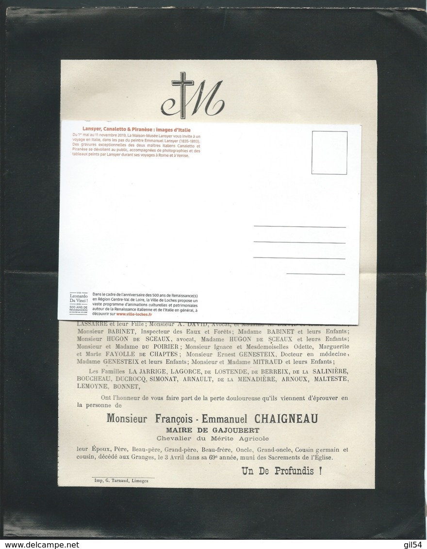 Les Granges ( 87 )  F.P. Décès De M François-Emmanuel Chaigneau Maire De Gajoubert Le 3/04/1899  - Mald 6608 - Obituary Notices