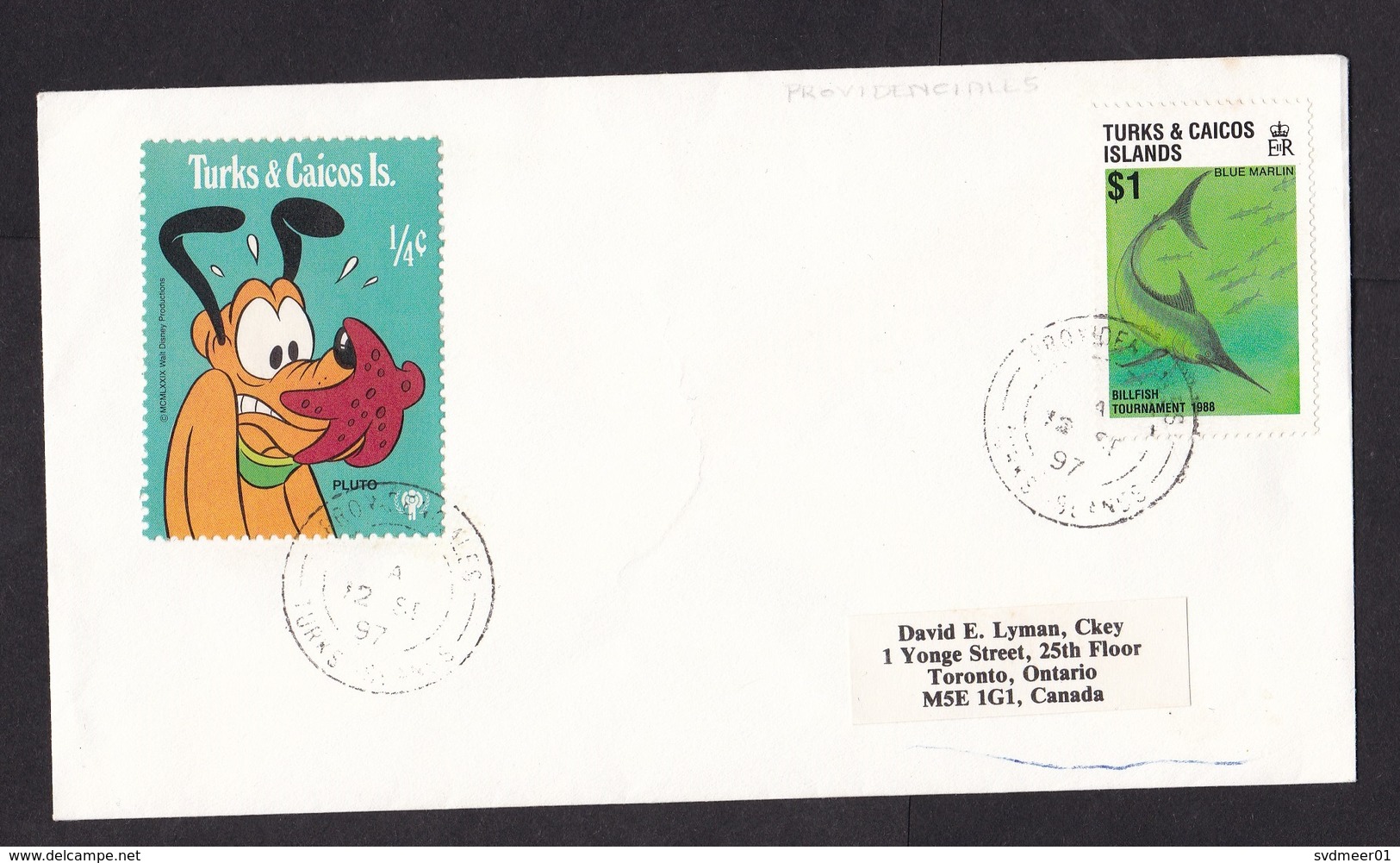 Turks & Caicos Islands: Cover To Canada, 1997, 2 Stamps, Marlin Fish, Disney, Pluto, Dog, Rare Real Use! (minor Damage) - Turks- En Caicoseilanden