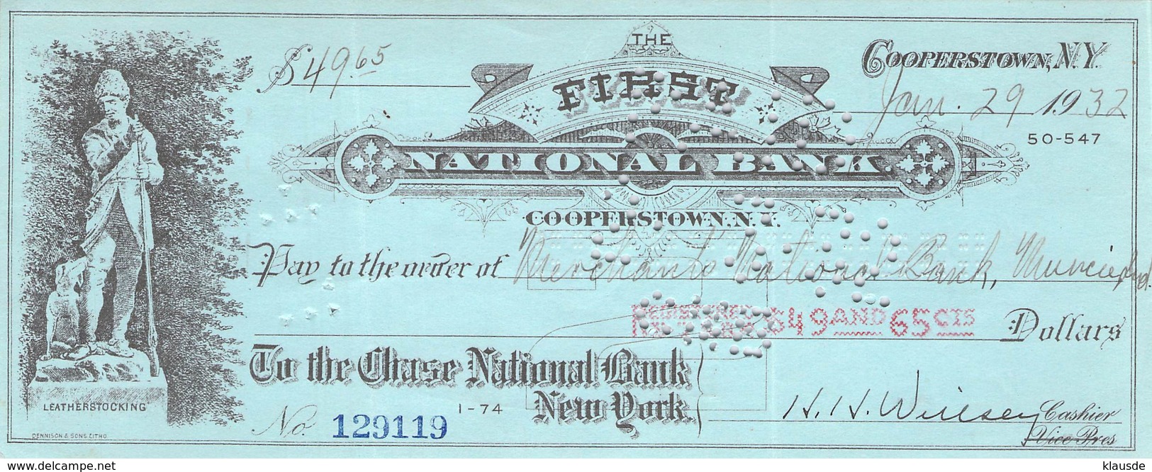 Cooperstown NY 1932 First National Bank Check $49.65  AU/EF (II) - Assegni & Assegni Di Viaggio