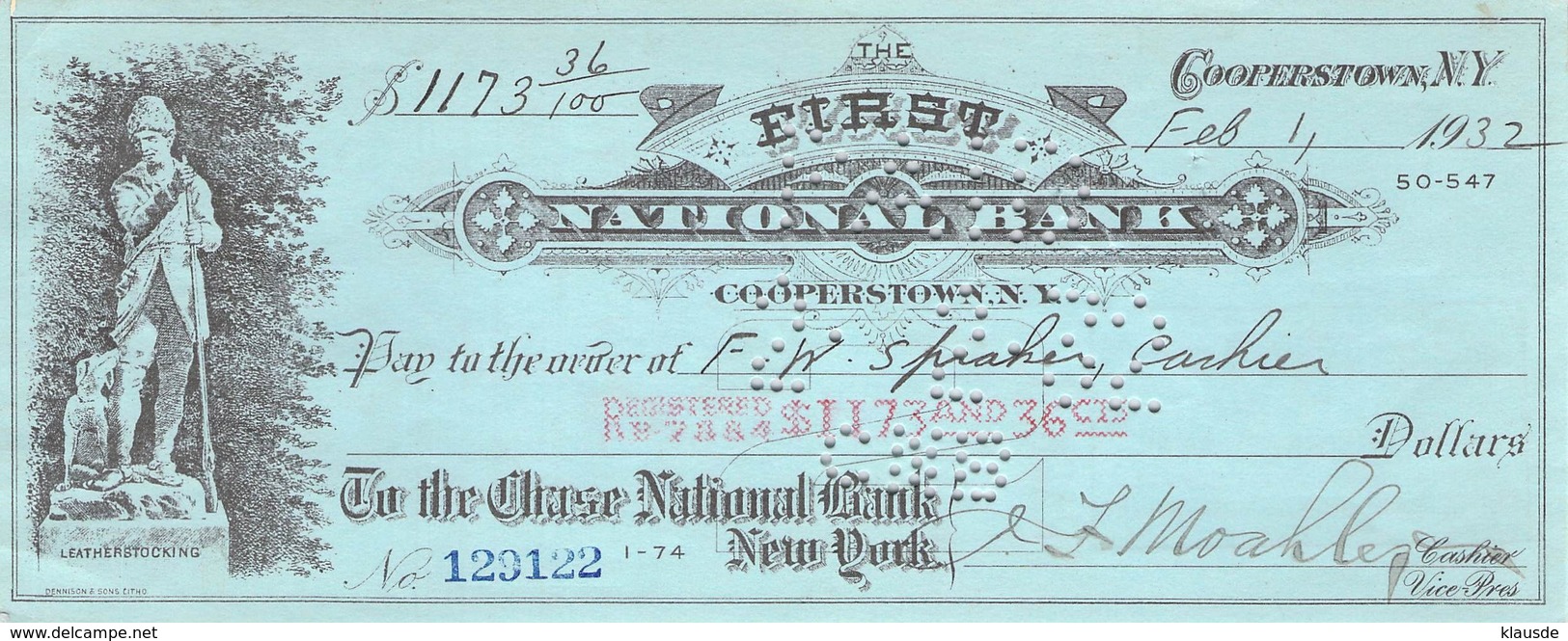 Cooperstown NY 1932 First National Bank Check $117,36  AU/EF (II) - Cheques & Traveler's Cheques