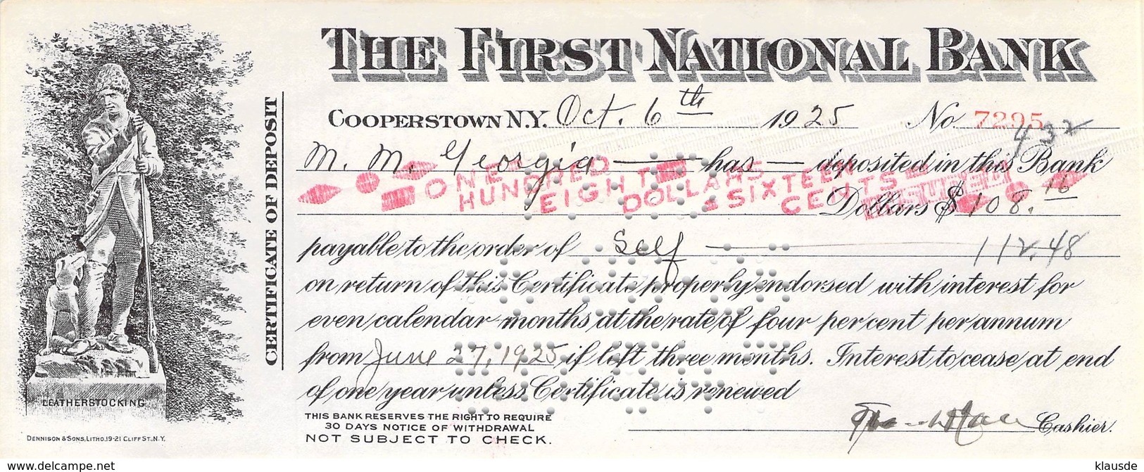 Cooperstown NY 1925 First National Bank Check $108,00  AU/EF (II) - Schecks  Und Reiseschecks