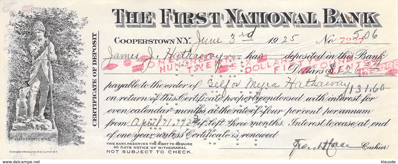 Cooperstown NY 1925 First National Bank Check $ 26,54  AU/EF (II) - Cheques & Traveler's Cheques
