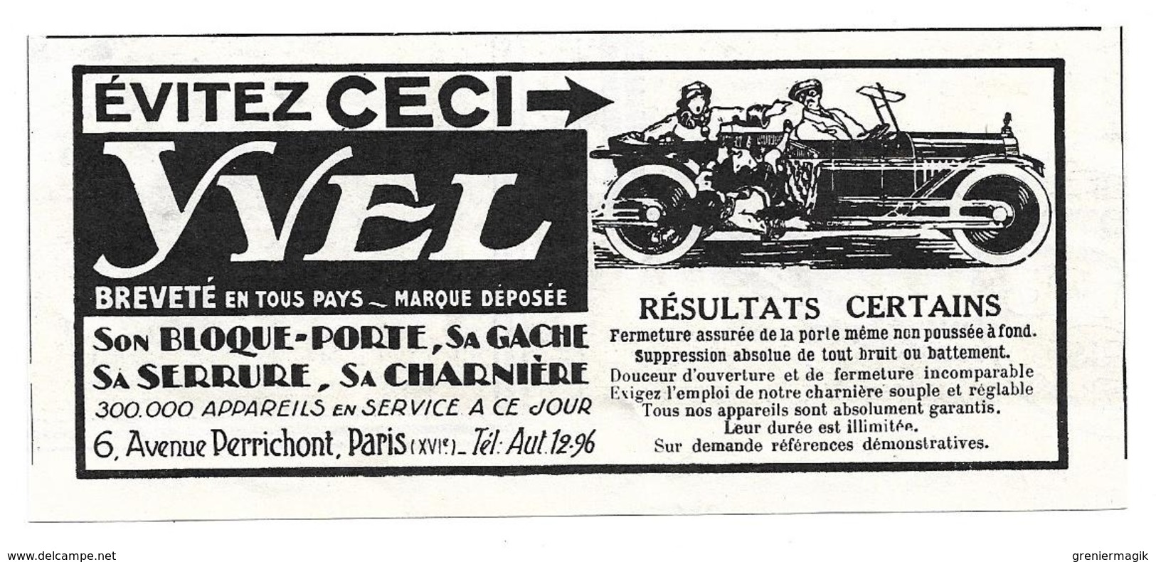 1924 Yvel Son Bloque-porte, Sa Gache, Sa Serrure, Sa Charnière Avenue Perrichont Paris (Pour Automobile - Voiture) - Advertising