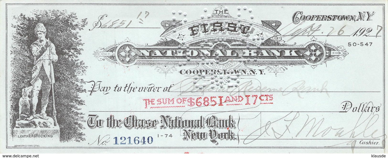 Cooperstown NY 1927 First National Bank Check $ 68,51  AU/EF (II) - Schecks  Und Reiseschecks