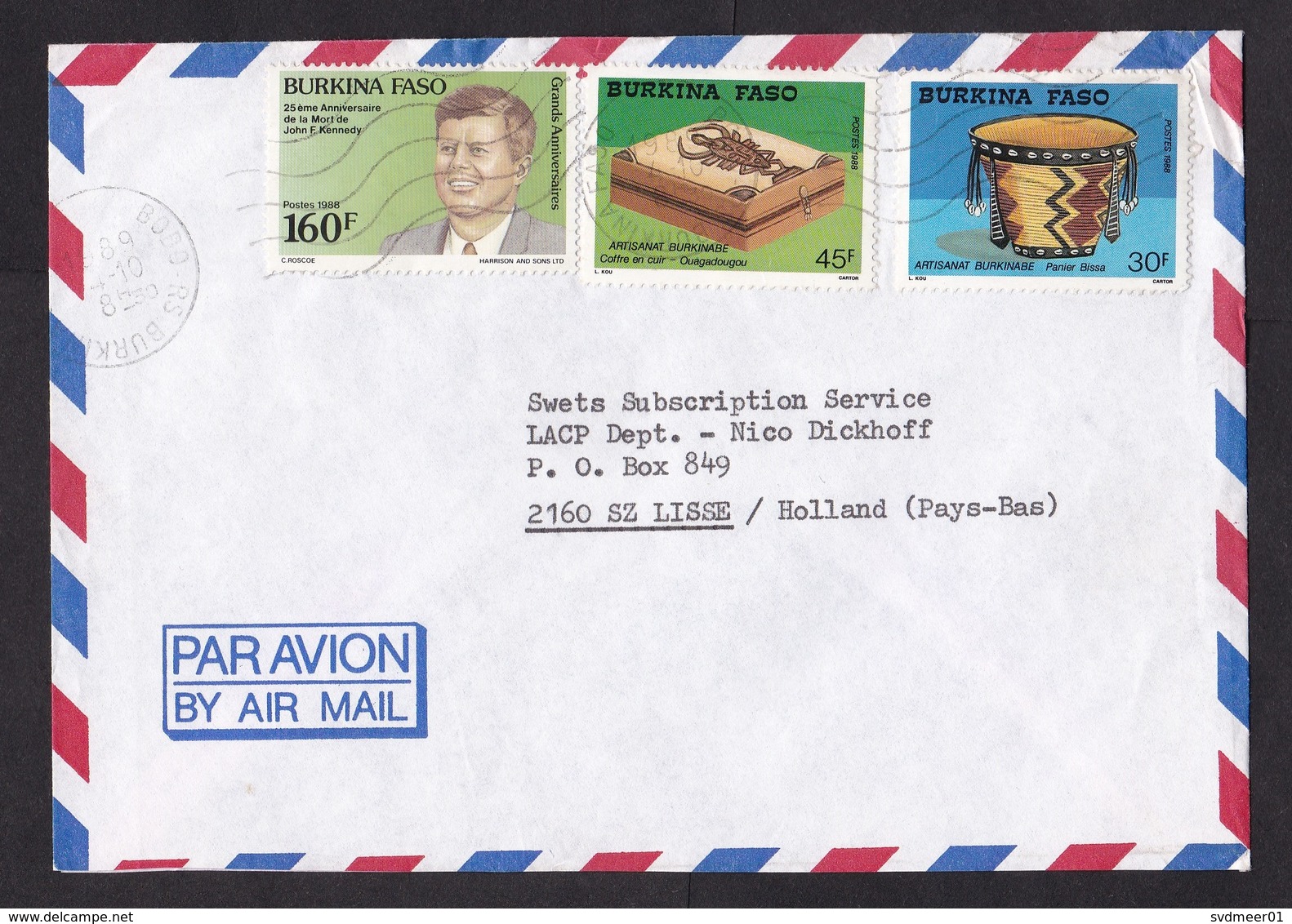 Burkina Faso: Airmail Cover To Netherlands, 1989, 3 Stamps, JFK, Kennedy, Wood Crafts, Rare Real Use (traces Of Use) - Burkina Faso (1984-...)