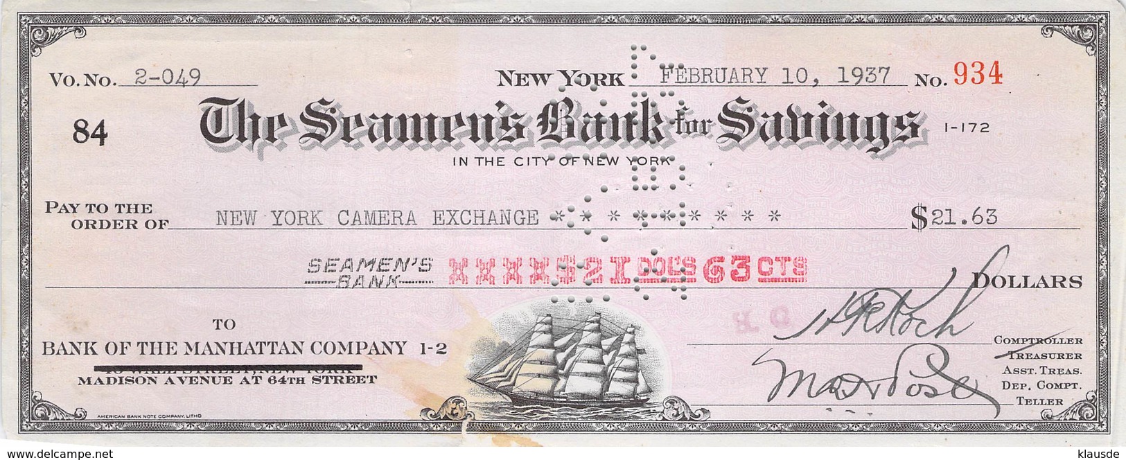 City Of NY 1937 Seamenn's Bank Check $ 21,36  AU/EF (II) - Schecks  Und Reiseschecks