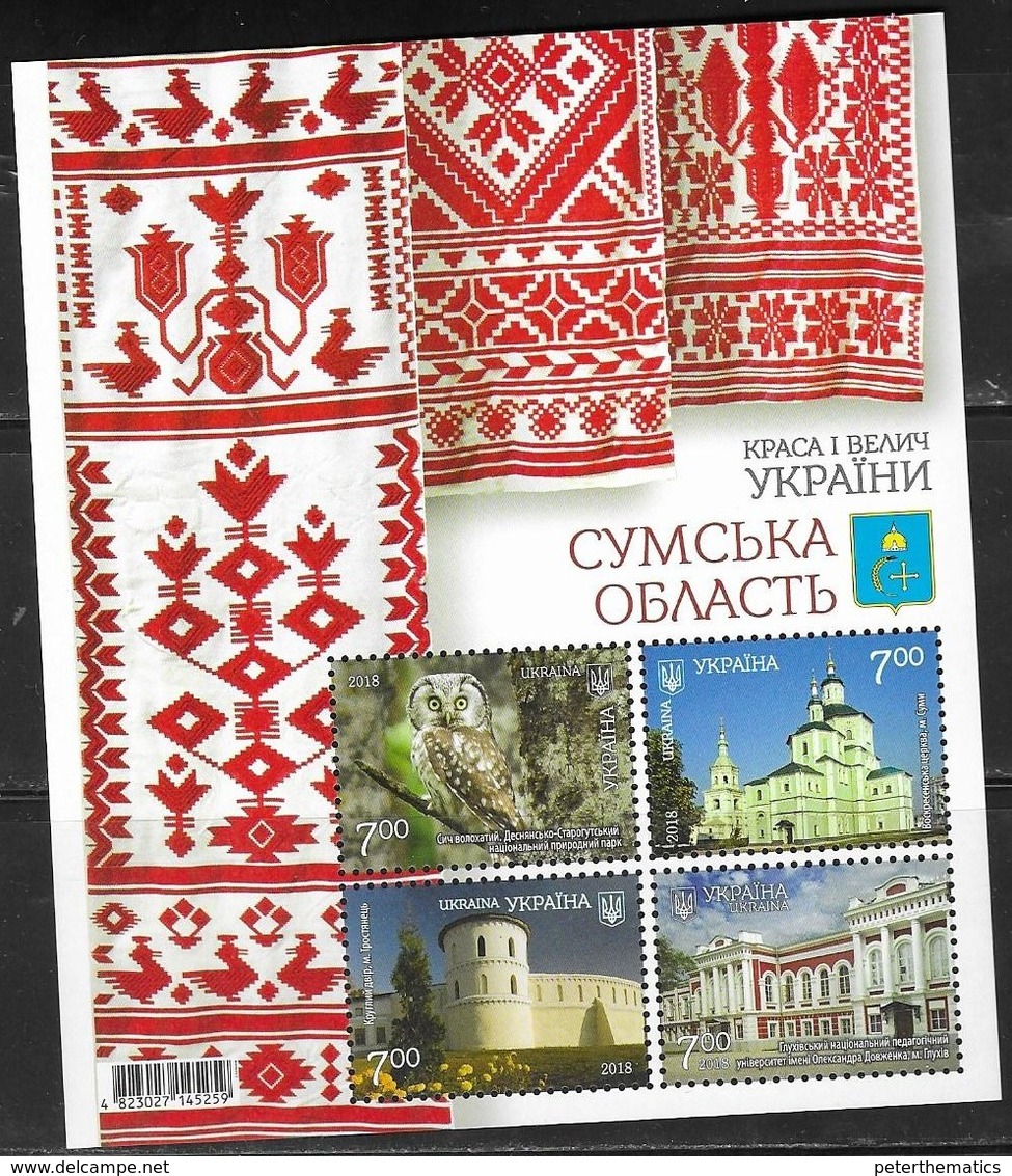 UKRAINE, 2018, MNH,  SYMY REGION, BIRDS, OWLS, CHURCHES, FORTS, SHEETLET - Other & Unclassified