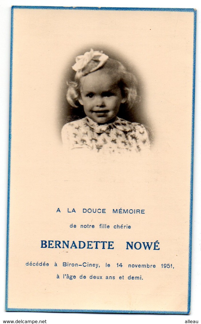 Faire - Part De Décès De Notre Fille Chérie Bernadette Nowé Décédée à Biron - Ciney Le 14 Novembre 1951 à L'âge De Deux - Overlijden