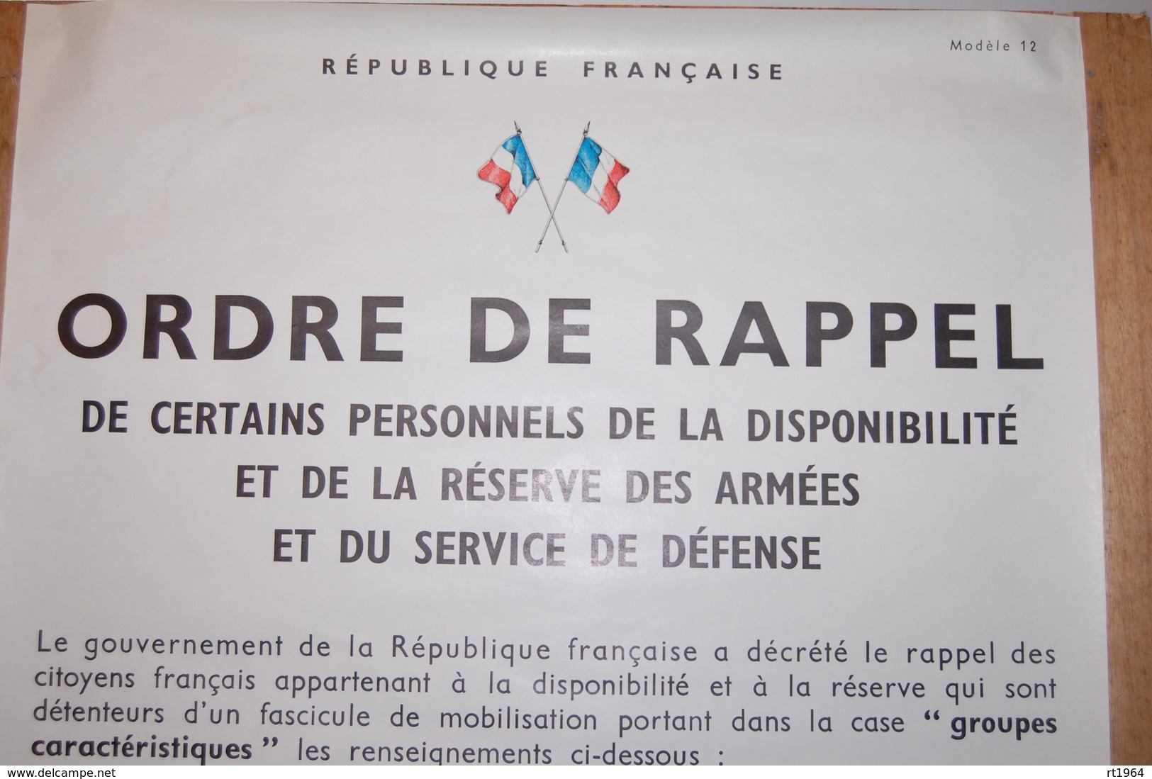 Affiche Originale - French Army Original Poster "ORDRE DE RAPPEL" - Modèle 12 - Documents