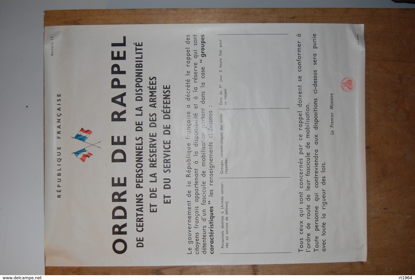 Affiche Originale - French Army Original Poster "ORDRE DE RAPPEL" - Modèle 12 - Documents