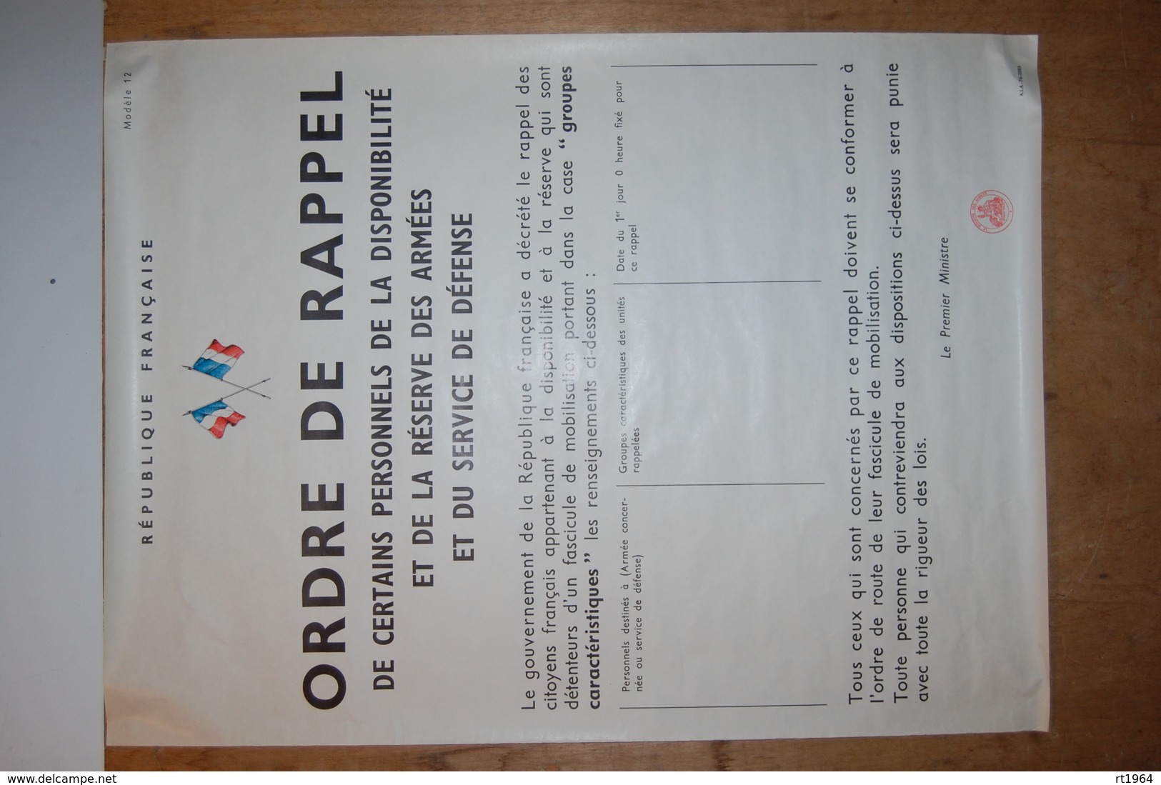 Affiche Originale - French Army Original Poster "ORDRE DE RAPPEL" - Modèle 12 - Documents