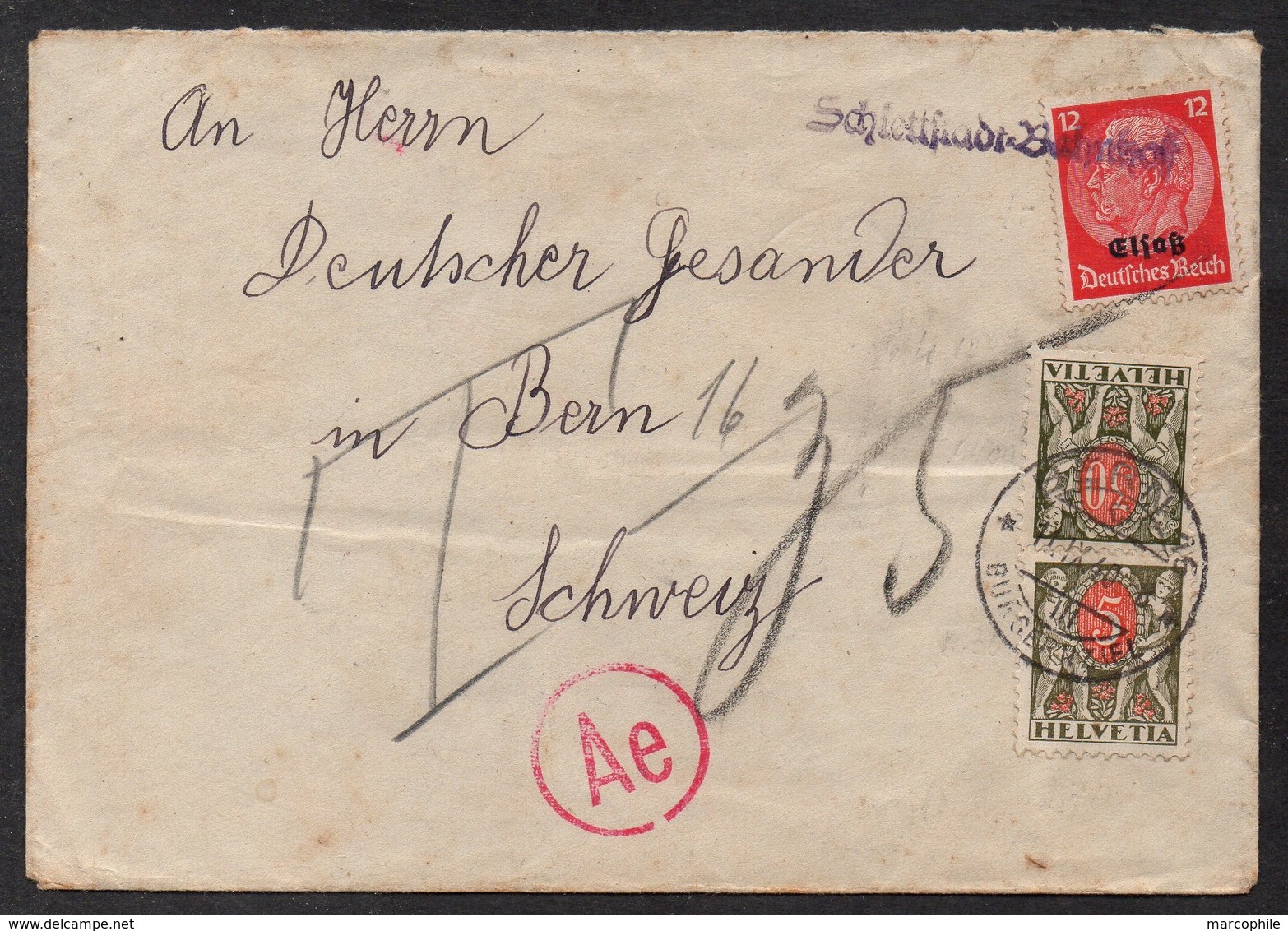 SELESTAT - ALSACE / 1940 CACHET LINEAIRE "SCHLETTSTADT BAHNHOF" SUR LETTRE TAXEE EN SUISSE (ref LE2799) - Autres & Non Classés