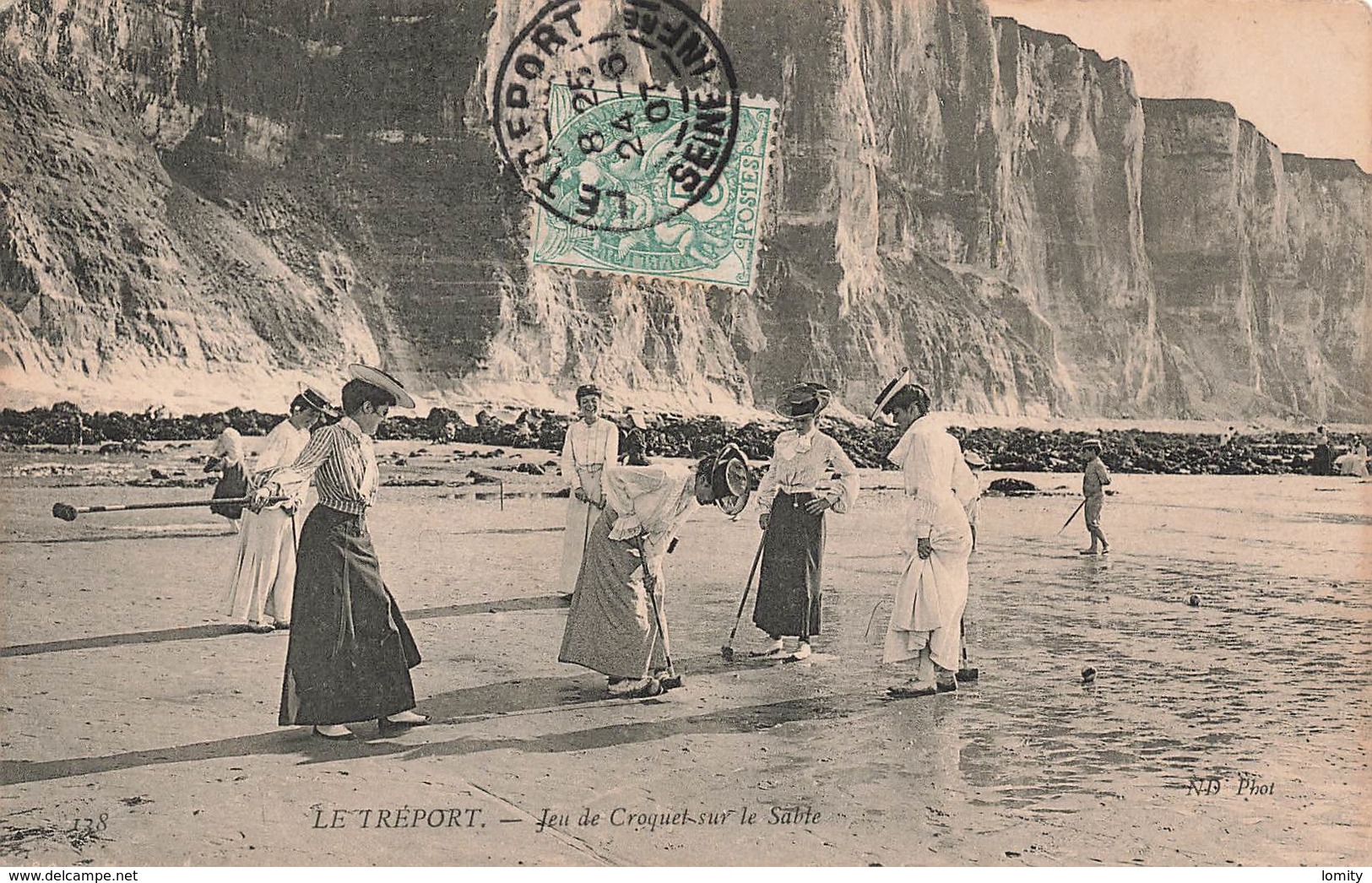 § 76 Le Treport Jeu De Croquet Sur La Plage Cpa Carte Animée Femme Femmes Cachet 1907 - Le Treport