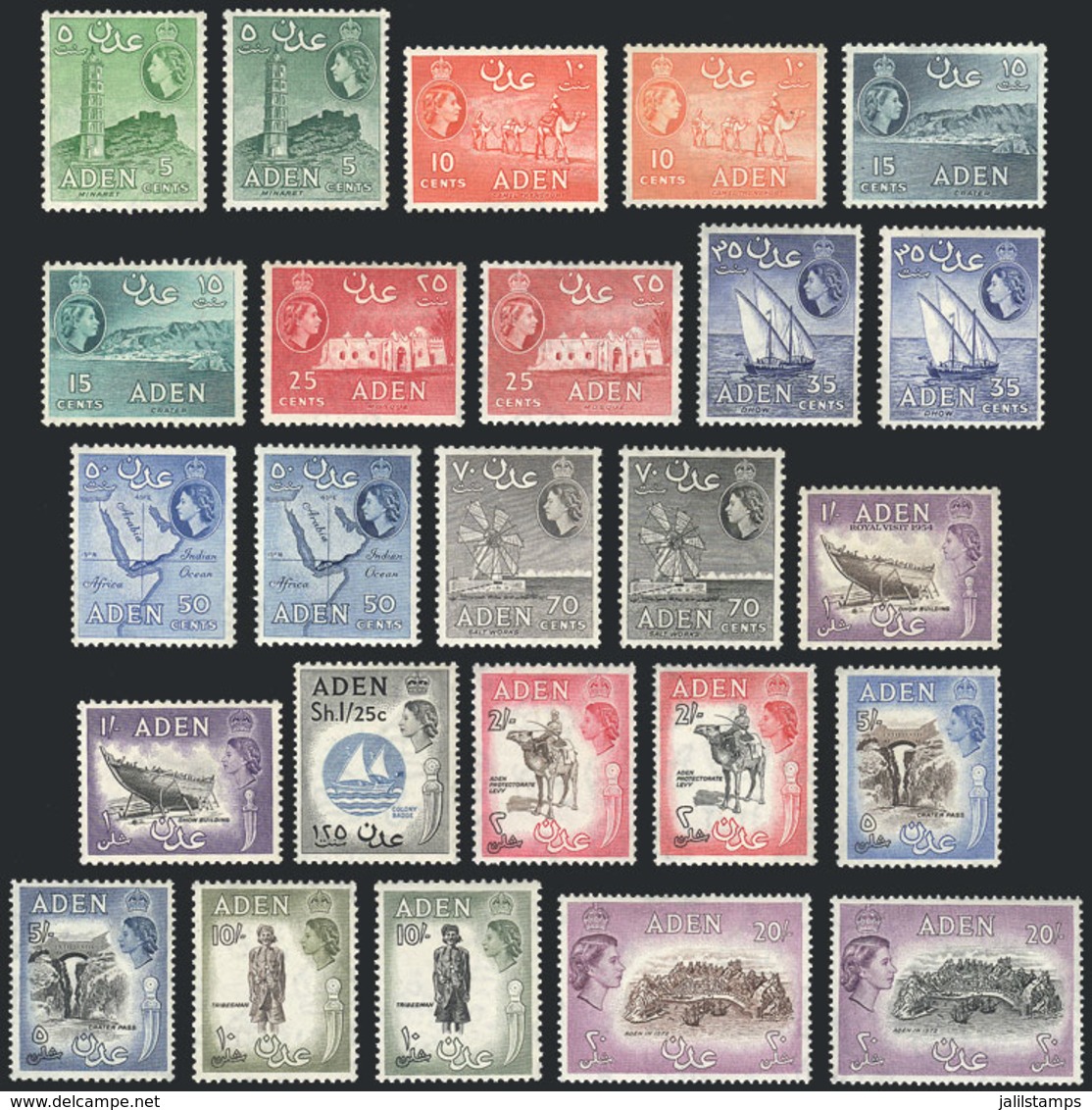 ADEN: Sc.48/61A + Color Varieties, 1953/9 Complete Set, Mint Very Lightly Hinged (barely Visible Hinge Marks, - Aden (1854-1963)