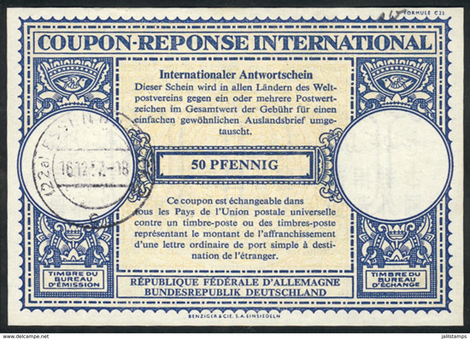 GERMANY: 50Pf. International Reply Coupon Of The Year 1957, Excellent Quality! - Autres & Non Classés