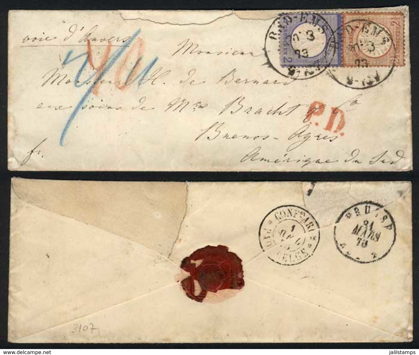 GERMANY: BELGIAN PAQUEBOT: Cover From Bad-Elms To Buenos Aires, Franked 4½Gr., Endorsed "voie D'Anvers" And Carri - Autres & Non Classés