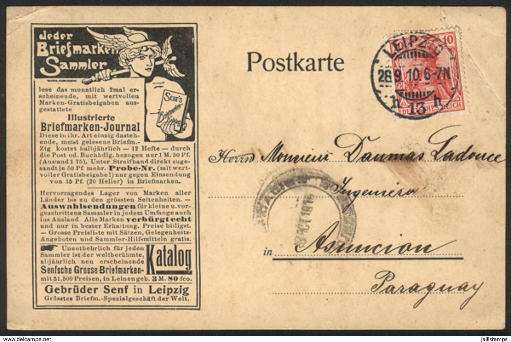 GERMANY: Advertising Postcard Of A PHILATELIC JOURNAL Of Leipzig Sent To Asunción Del Paraguay On 28/SE/1910, Ver - Autres & Non Classés