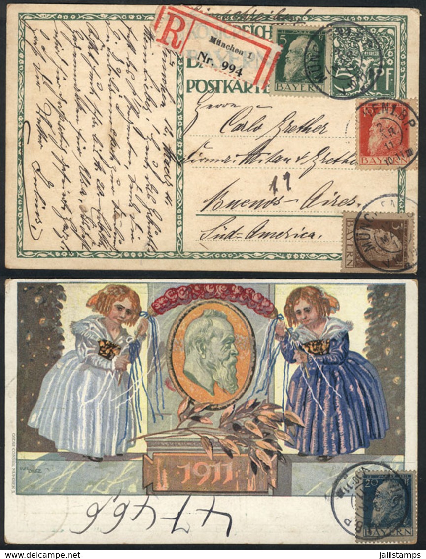 GERMANY: 5Pf. Postal Card Illustrated On Back + Additional Franking (total 43Pf.) Sent From München To Argentina - Sonstige & Ohne Zuordnung