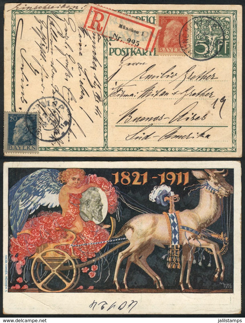 GERMANY: 5Pf. Postal Card Illustrated On Back + Additional Postage (total 35Pf.) Sent From München To Argentina O - Altri & Non Classificati
