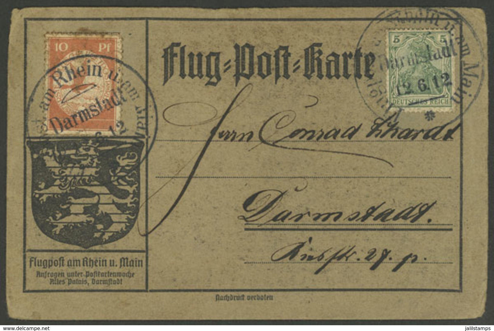 GERMANY: 12/JUN/1912 Cover Fown In Darmstadt, With The Special Label Of 10Pf. With Some Staining Else VF! - Sonstige & Ohne Zuordnung