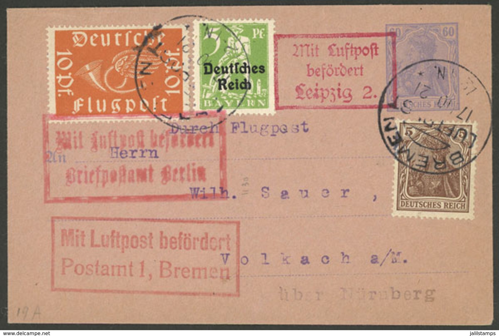 GERMANY: 17/OC/1921 Bremen - Berlin, Cover Flown With Final Destination Volkach, VF Quality! - Otros & Sin Clasificación