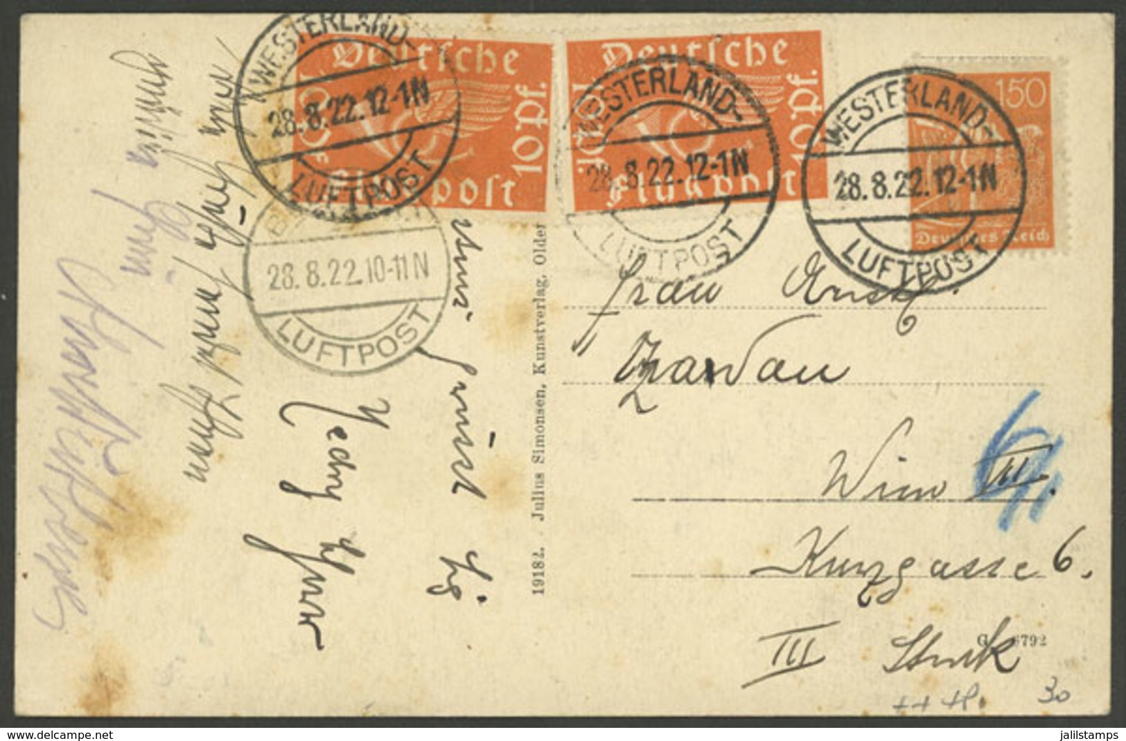 GERMANY: 28/AU/1922 Westerland - Wien, Flown Postcard With Nice Postage, With Some Stains, Interesting! - Altri & Non Classificati
