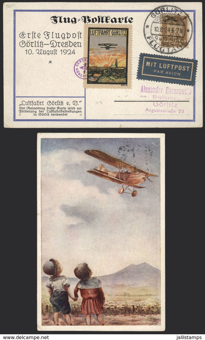 GERMANY: 10/AU/1924 Görlitz - Dresden, First Flight: Card With Cinderella And Special Postmark, VF Quality! - Other & Unclassified