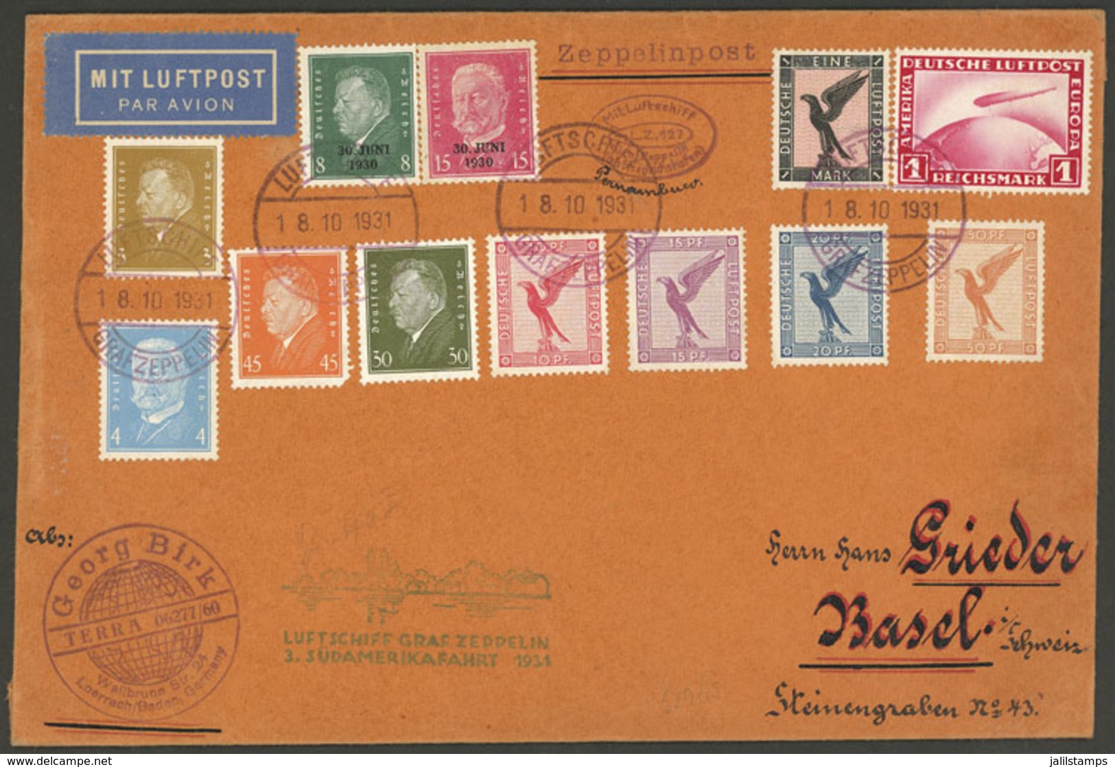 GERMANY: 18/OC/1931 Zeppelin Cover Dispatched Onboard To Basel (Switzerland) On The 3rd Flight To South America O - Other & Unclassified