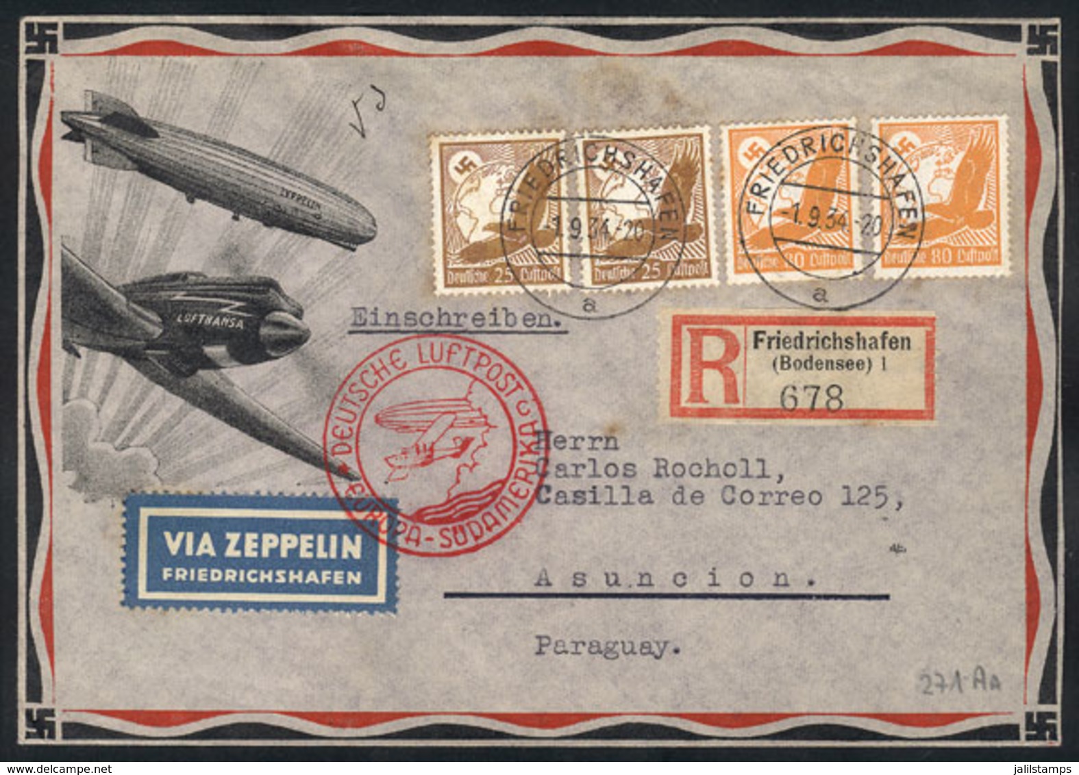 GERMANY: 1/SE/1934 Friedrichshafen - PARAGUAY: Cover Flown By Zeppelin, Rare Destination, With Arrival Mark Of As - Other & Unclassified