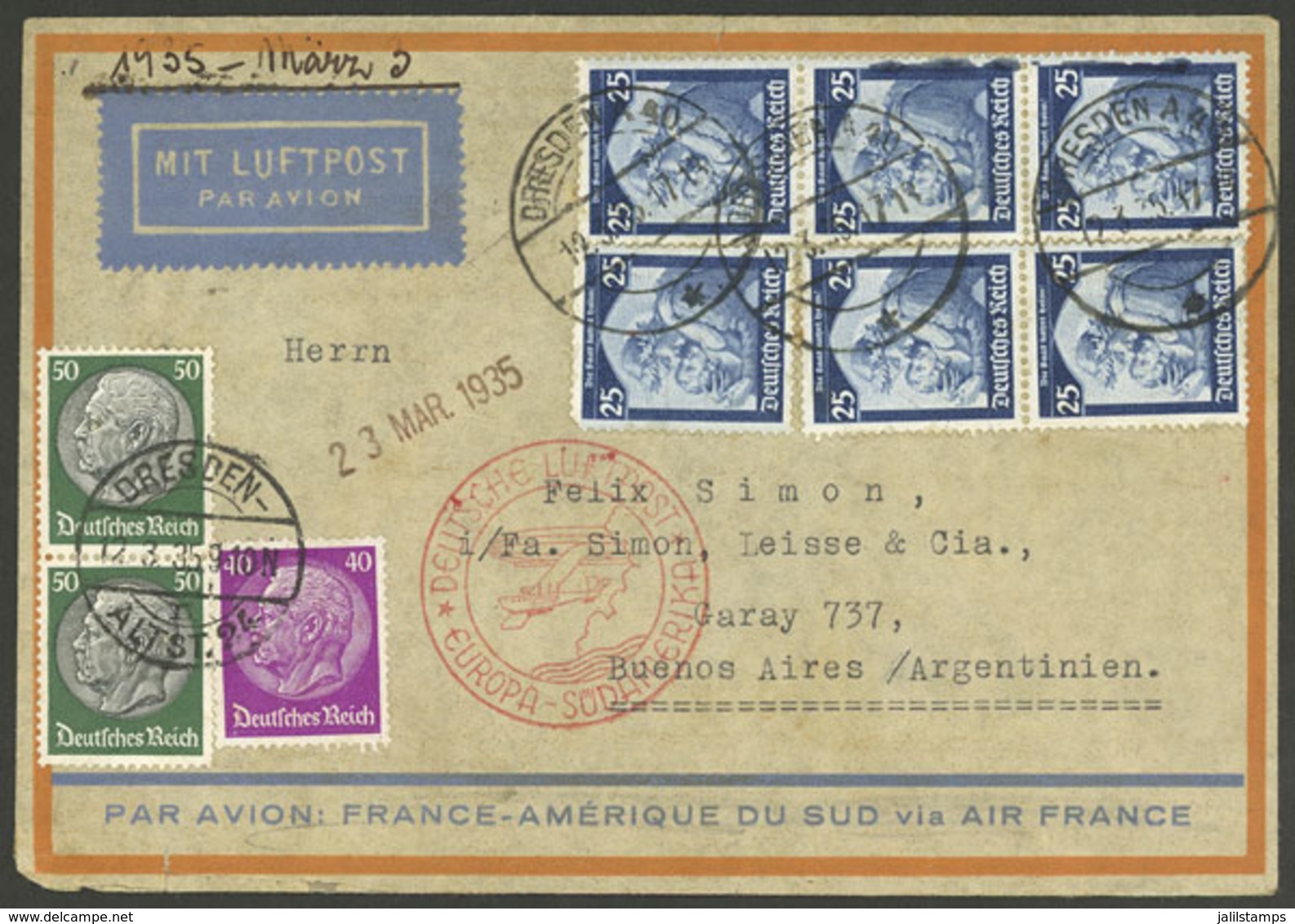 GERMANY: Airmail Cover Sent From Dresden To Argentina By Air France On 12/MAR/1935, Very Attractive Postage, VF Q - Otros & Sin Clasificación