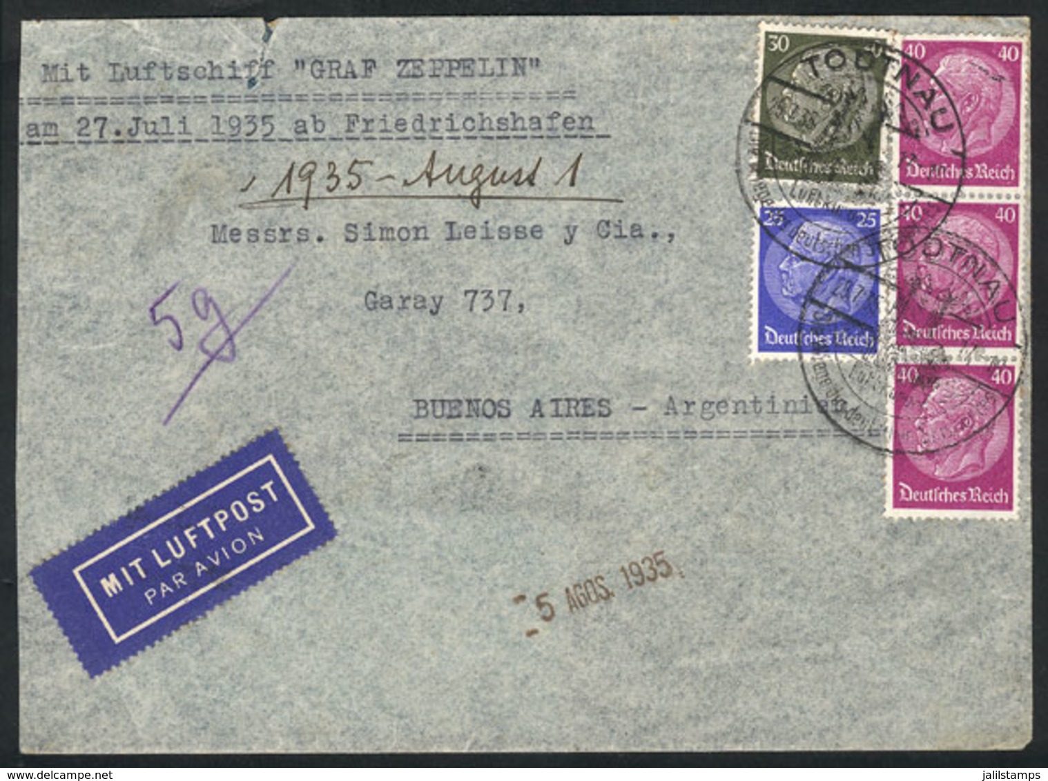 GERMANY: 25/JUL/1935 Todtnau - Argentina, Cover Flown By Zeppelin, Small Tear At Top Else Very Fine! - Other & Unclassified