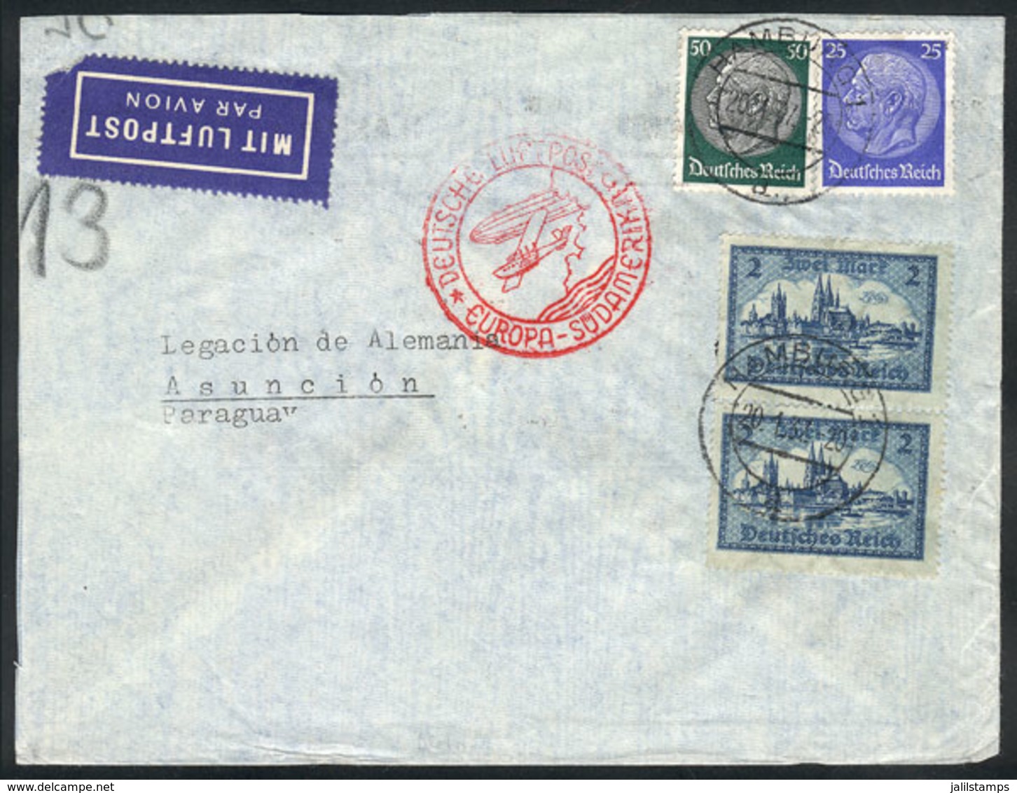 GERMANY: 20/JA/1937 Hamburg - PARAGUAY: Airmail Cover With Good Postage Of 4.75Mk., With Arrival Backstamp Of Asu - Autres & Non Classés