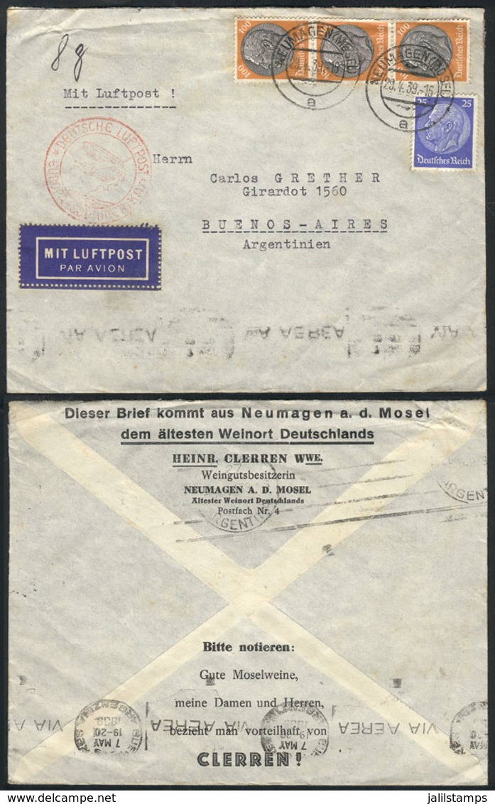 GERMANY: Airmail Cover Sent From Neumagen To Argentina On 29/AP/1939 Franked With 3.25Mk., On Back There Is An In - Otros & Sin Clasificación