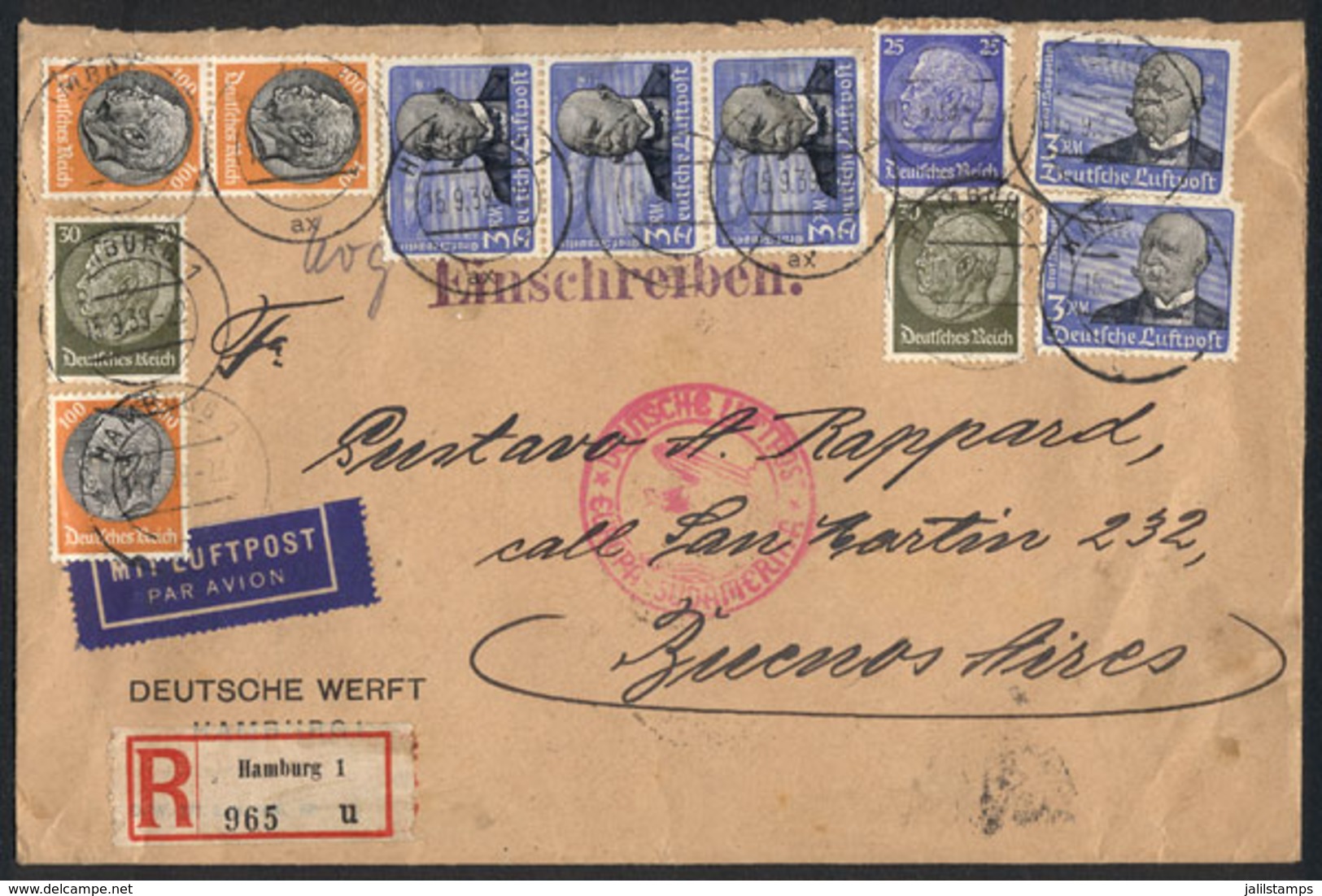 GERMANY: Registered Airmail Cover Franked By Michel 539 X5 + Other Values, Sent From Hamburg To Buenos Aires On 1 - Otros & Sin Clasificación
