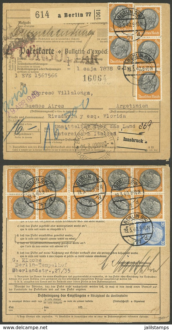 GERMANY: Dispatch Note Of A Parcel Post Sent From Berlin To Argentina (via Austria And Italy) On 19/MAR/1940 With - Sonstige & Ohne Zuordnung