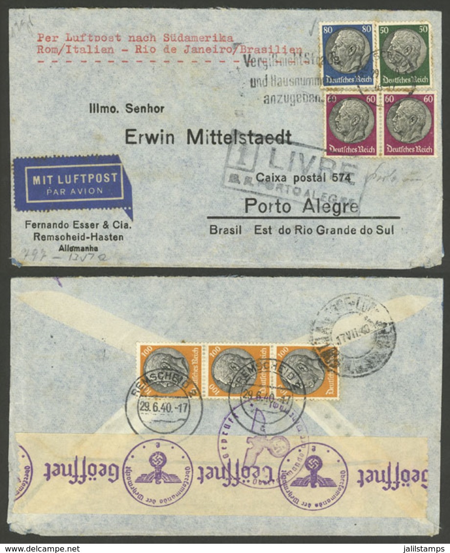 GERMANY: 29/JUN/1940 Remscheid - Brazil, Airmail Cover By LATI, With Nazi And Brazilian (Porto Alegre) Censor Mar - Sonstige & Ohne Zuordnung