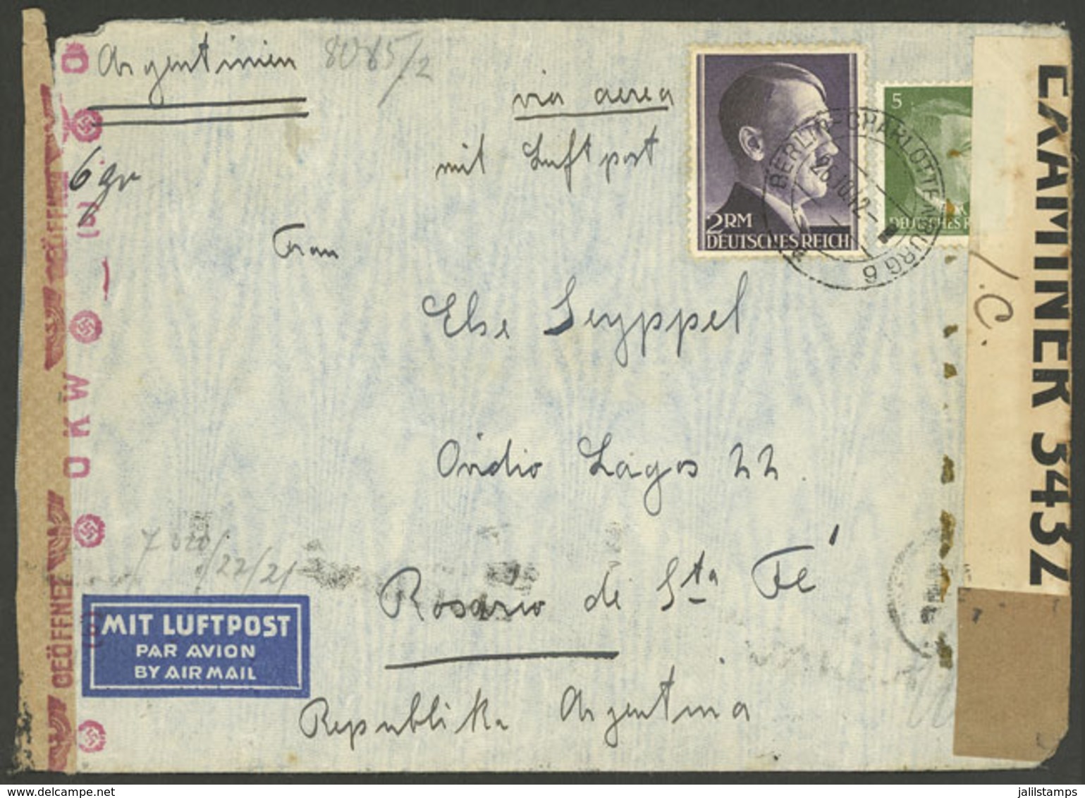 GERMANY: 26/OC/1942 Berlin - Rosario (Argentina), Airmail Cover Franked With 2.05Mk., Double Censorship: Nazi (OK - Altri & Non Classificati