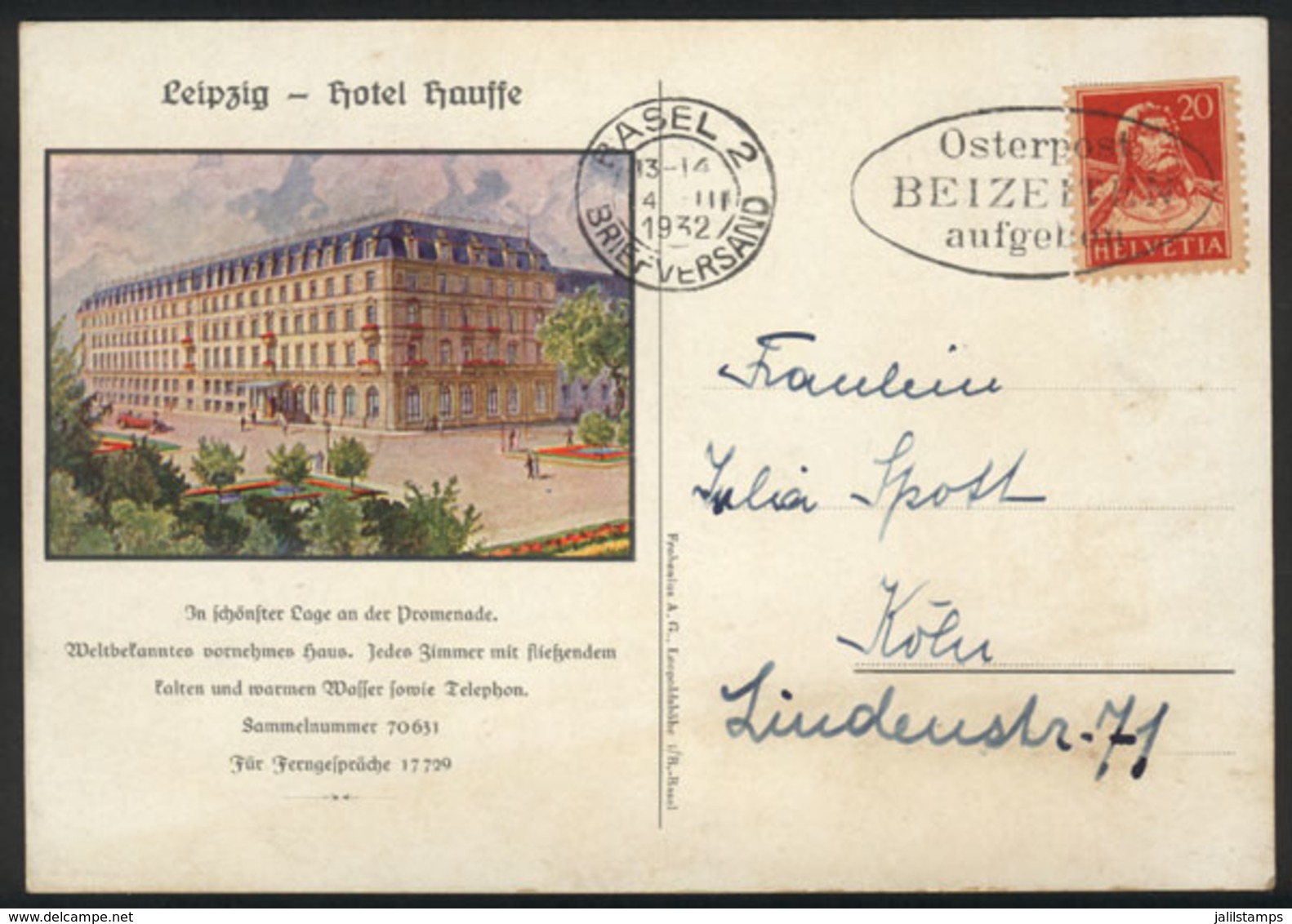 GERMANY: LEIPZIG: Hotel Hauffe, Used In Switzerland In 1932, Very Nice! - Sonstige & Ohne Zuordnung