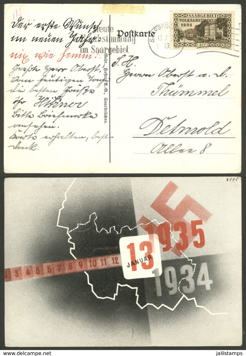 GERMANY - SARRE: Nazi Propaganda Postcard Posted On 13/JA/1935 Franked With 40c., VF Quality! - Occupation 1938-45