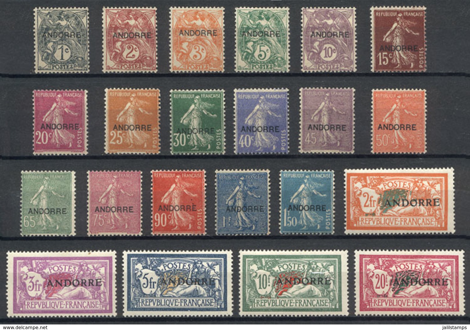 ANDORRA: Sc.1/22, 1931 Complete Set Of 22 Overprinted Values, Mint Lightly Hinged, Very Fresh, VF Quality, Catalo - Nuovi